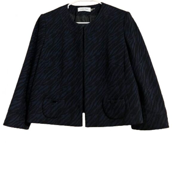 Calvin Klein Women’s Black & Blue Zebra Pattern Print Crop Blazer Jacket Sz-10 - Picture 1 of 6